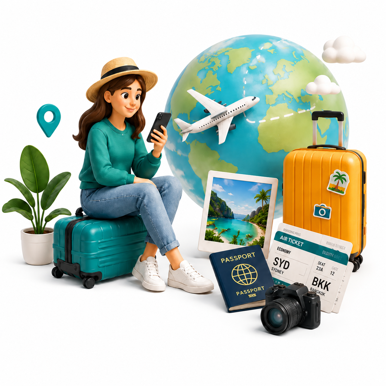 Traveller planning a journey with luggage and a globe